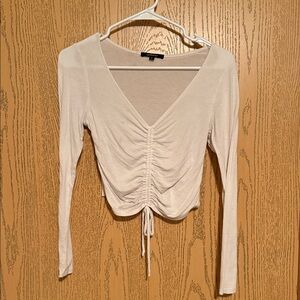 Ambiance Beige Ruched V-Neck Long Sleeve Top
